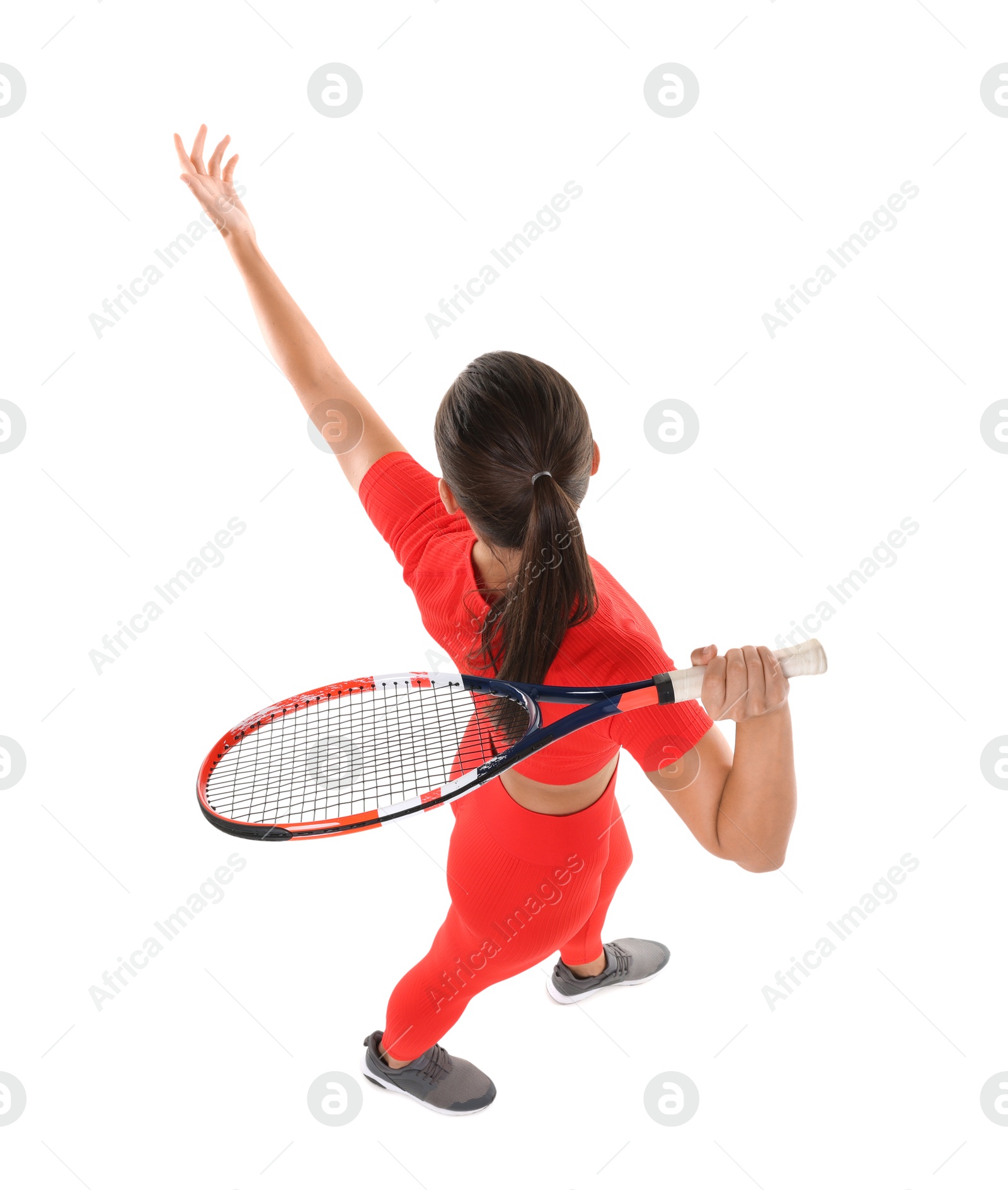 Woman with racket playing tennis on white background, above view Photo of Woman with racket playing tennis on white background, above view