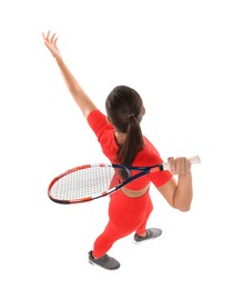 Photo of Woman with racket playing tennis on white background, above view