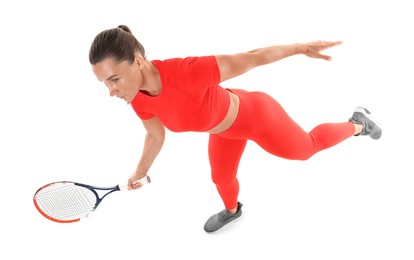 Photo of Woman with racket playing tennis on white background, above view