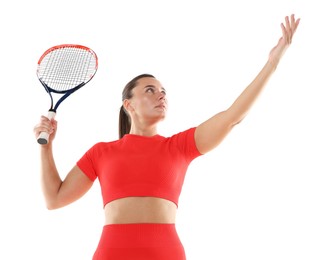 Photo of Woman with racket playing tennis on white background, low angle view