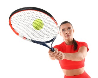 Photo of Woman with racket and tennis ball on white background, low angle view