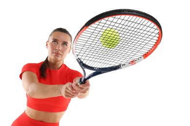 Photo of Woman with racket and tennis ball on white background, low angle view