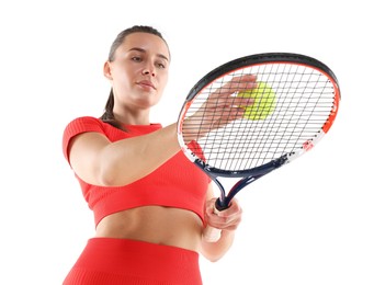 Photo of Woman with racket and tennis ball on white background, low angle view