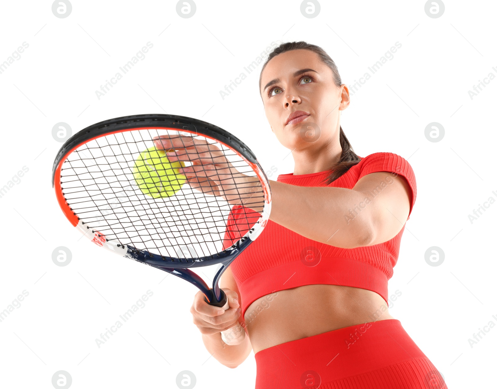 Woman with racket and tennis ball on white background, low angle view Photo of Woman with racket and tennis ball on white background, low angle view