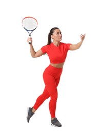 Photo of Woman with racket playing tennis on white background