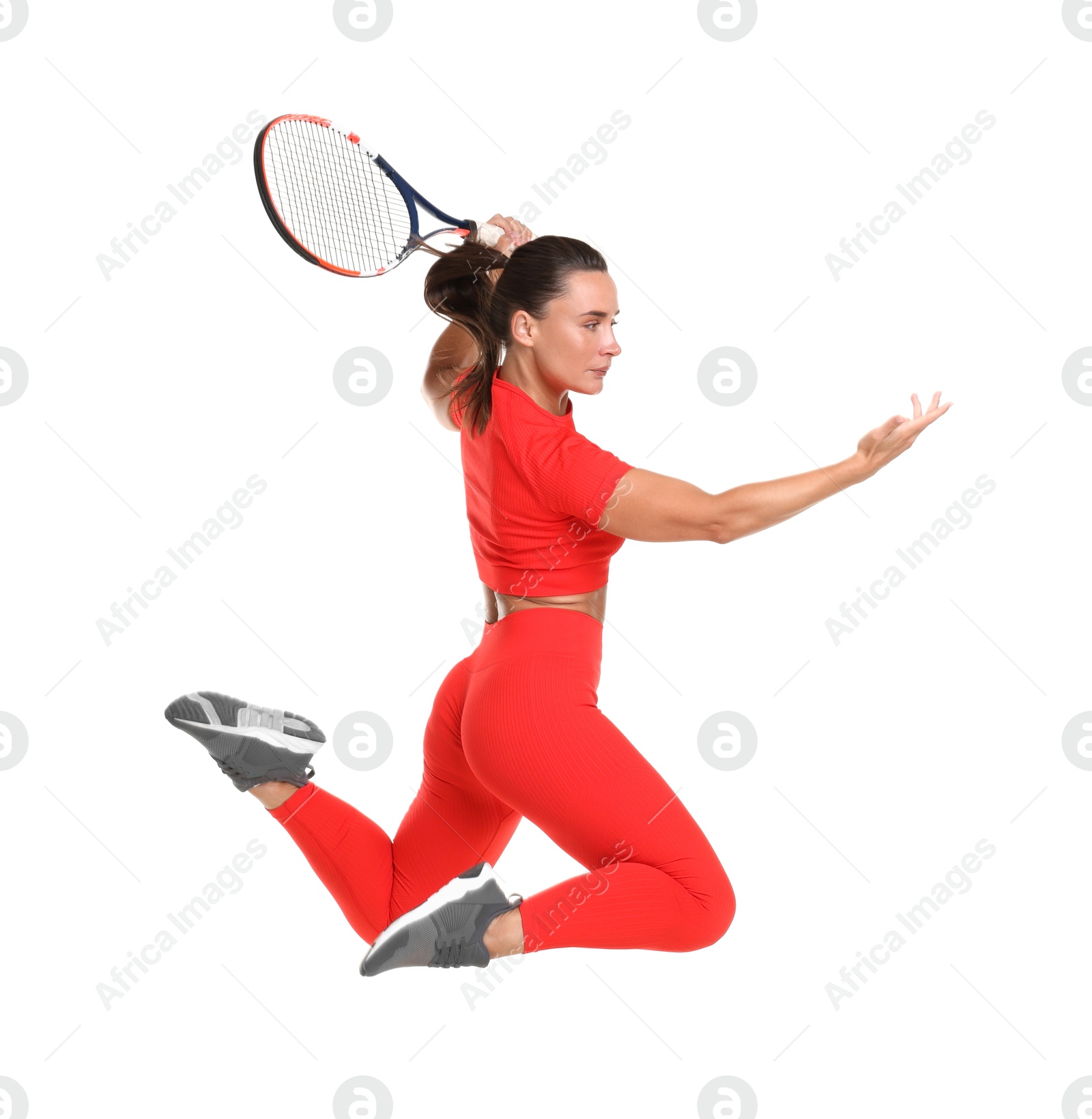 Woman with racket playing tennis on white background Photo of Woman with racket playing tennis on white background