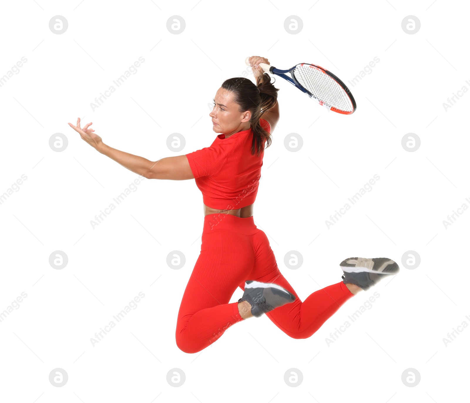 Woman with racket playing tennis on white background Photo of Woman with racket playing tennis on white background
