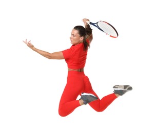 Photo of Woman with racket playing tennis on white background