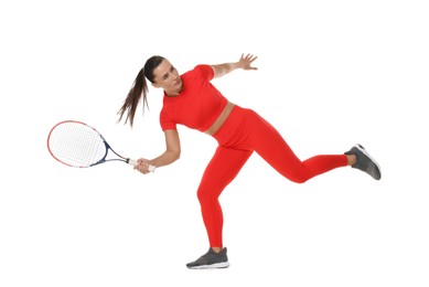 Photo of Woman with racket playing tennis on white background