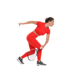 Photo of Woman with racket playing tennis on white background