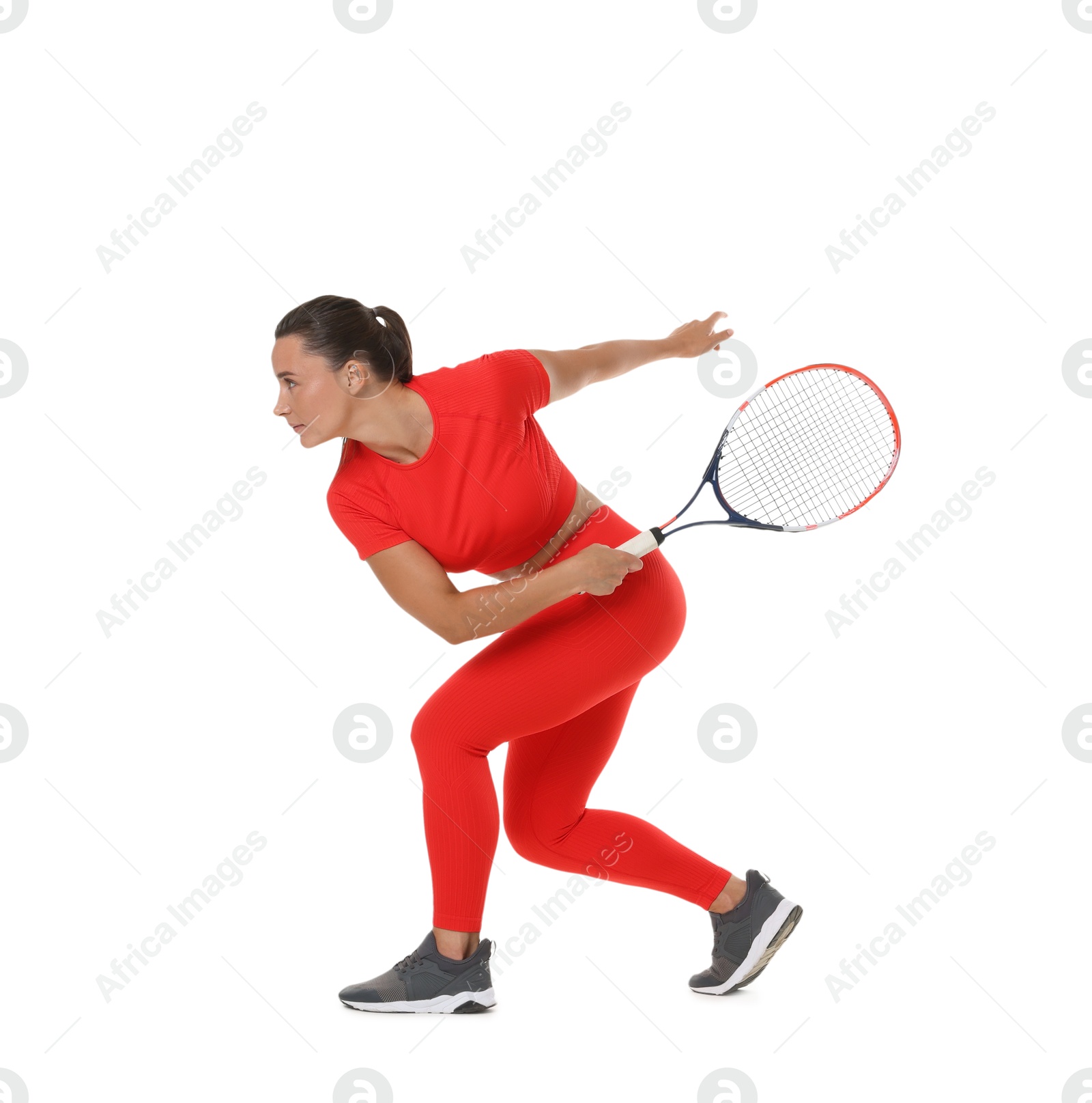 Woman with racket playing tennis on white background Photo of Woman with racket playing tennis on white background