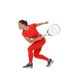 Photo of Woman with racket playing tennis on white background