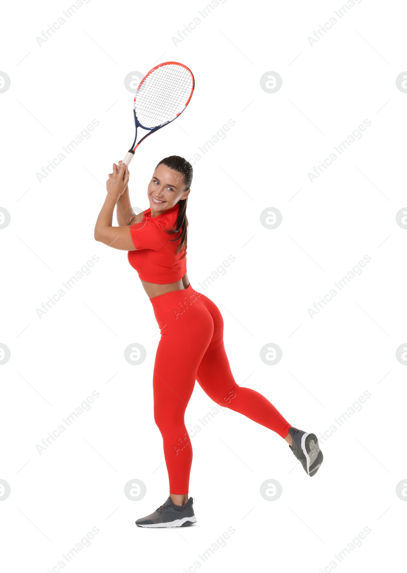 Woman with racket playing tennis on white background Photo of Woman with racket playing tennis on white background