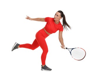 Photo of Woman with racket playing tennis on white background