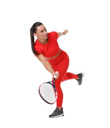 Photo of Woman with racket playing tennis on white background