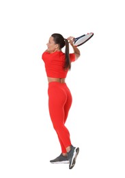 Photo of Woman with racket playing tennis on white background