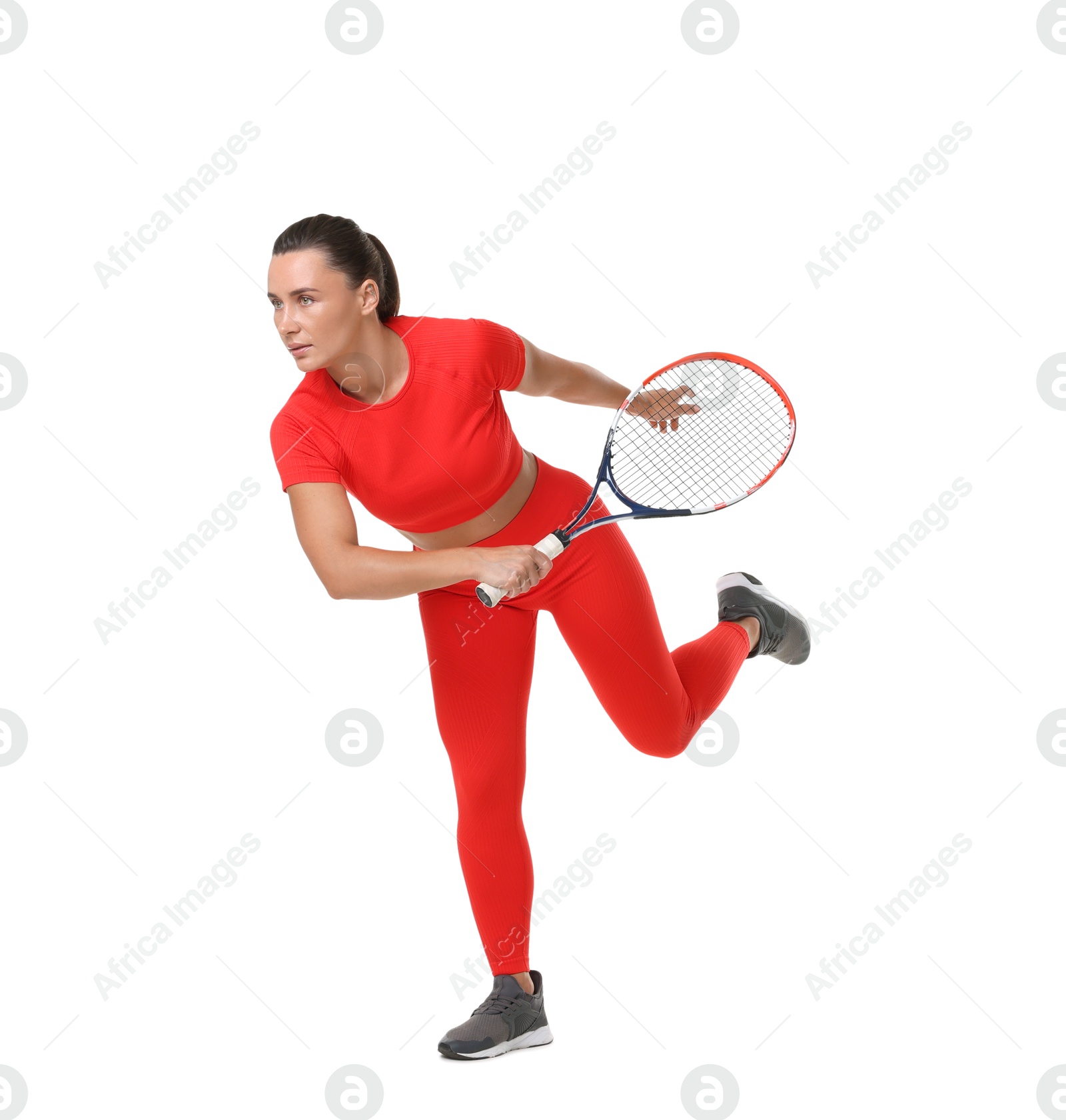 Woman with racket playing tennis on white background Photo of Woman with racket playing tennis on white background