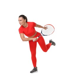 Photo of Woman with racket playing tennis on white background