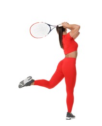 Photo of Woman with racket playing tennis on white background, back view