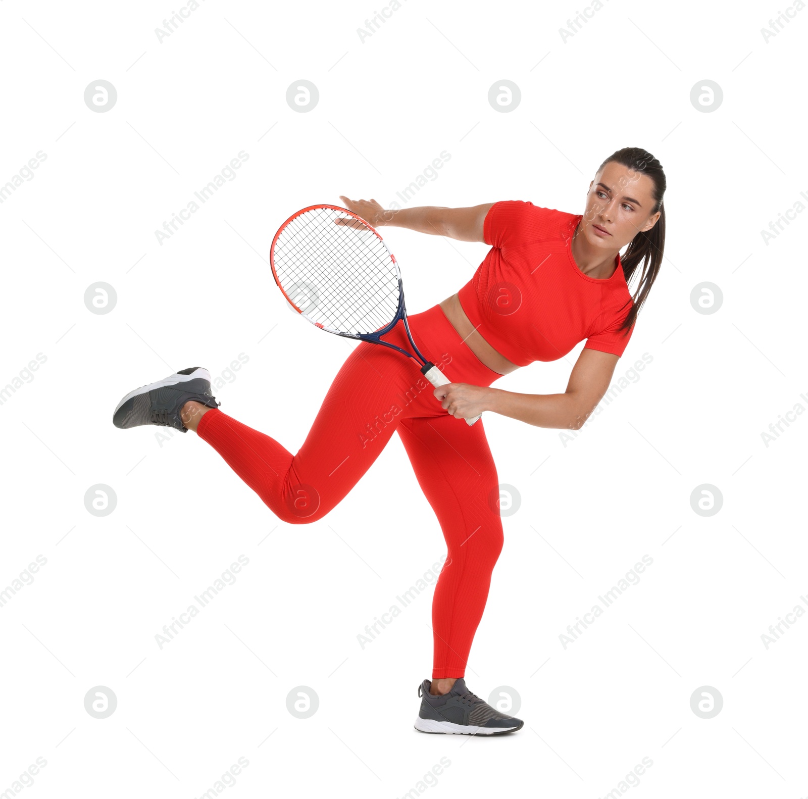 Woman with tennis racket on white background Photo of Woman with tennis racket on white background