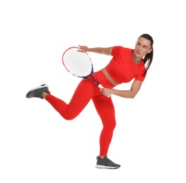 Photo of Woman with tennis racket on white background
