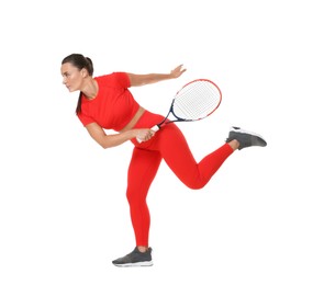 Photo of Woman with tennis racket on white background