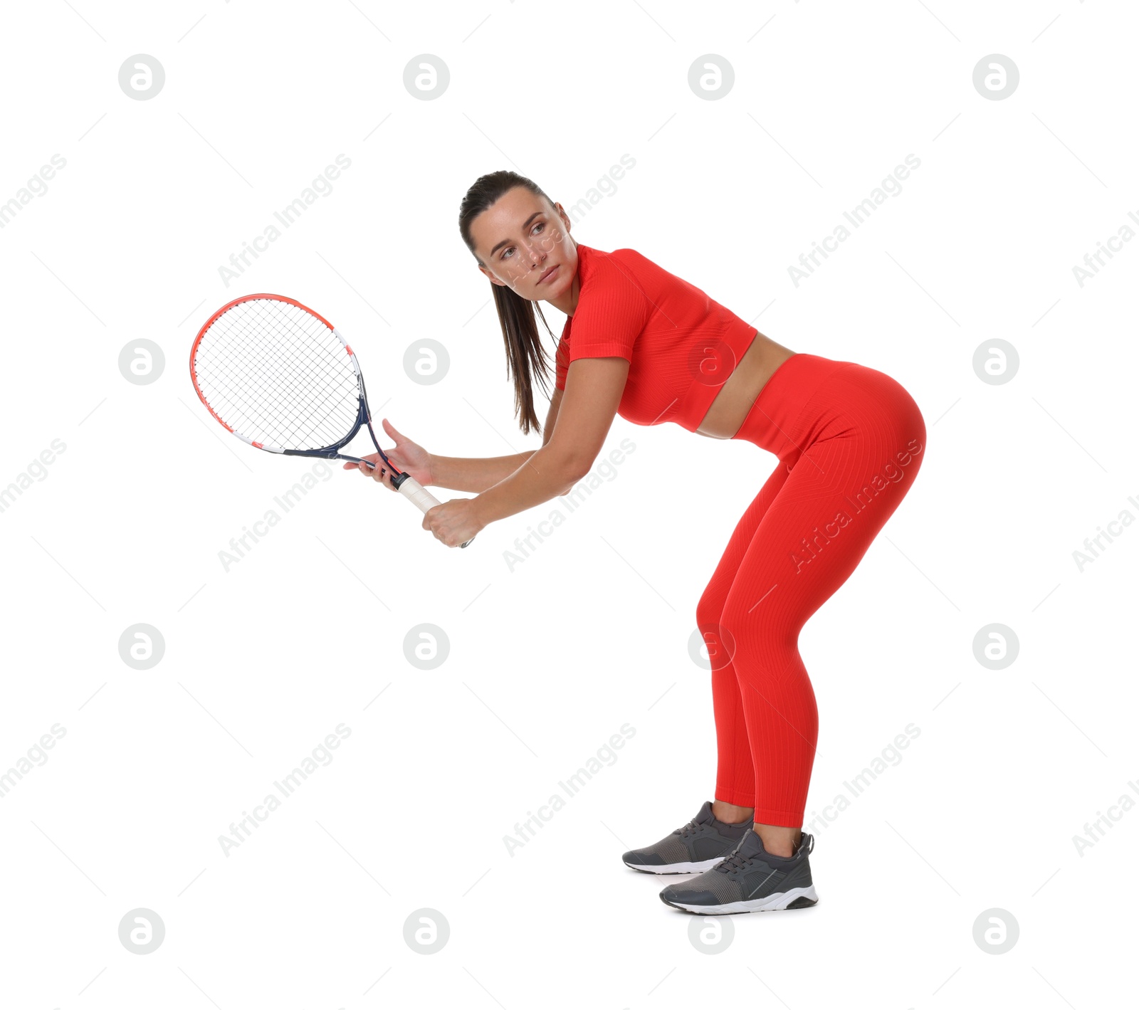 Photo of Woman with tennis racket on white background