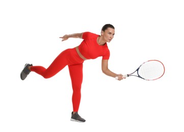 Photo of Woman with tennis racket on white background