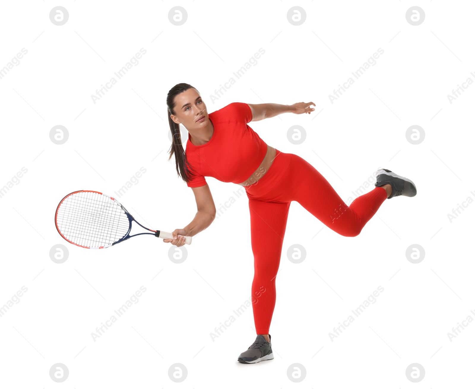 Photo of Woman with tennis racket on white background