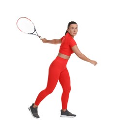 Photo of Woman with tennis racket on white background