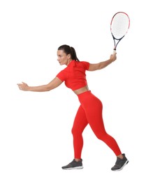 Photo of Woman with tennis racket on white background