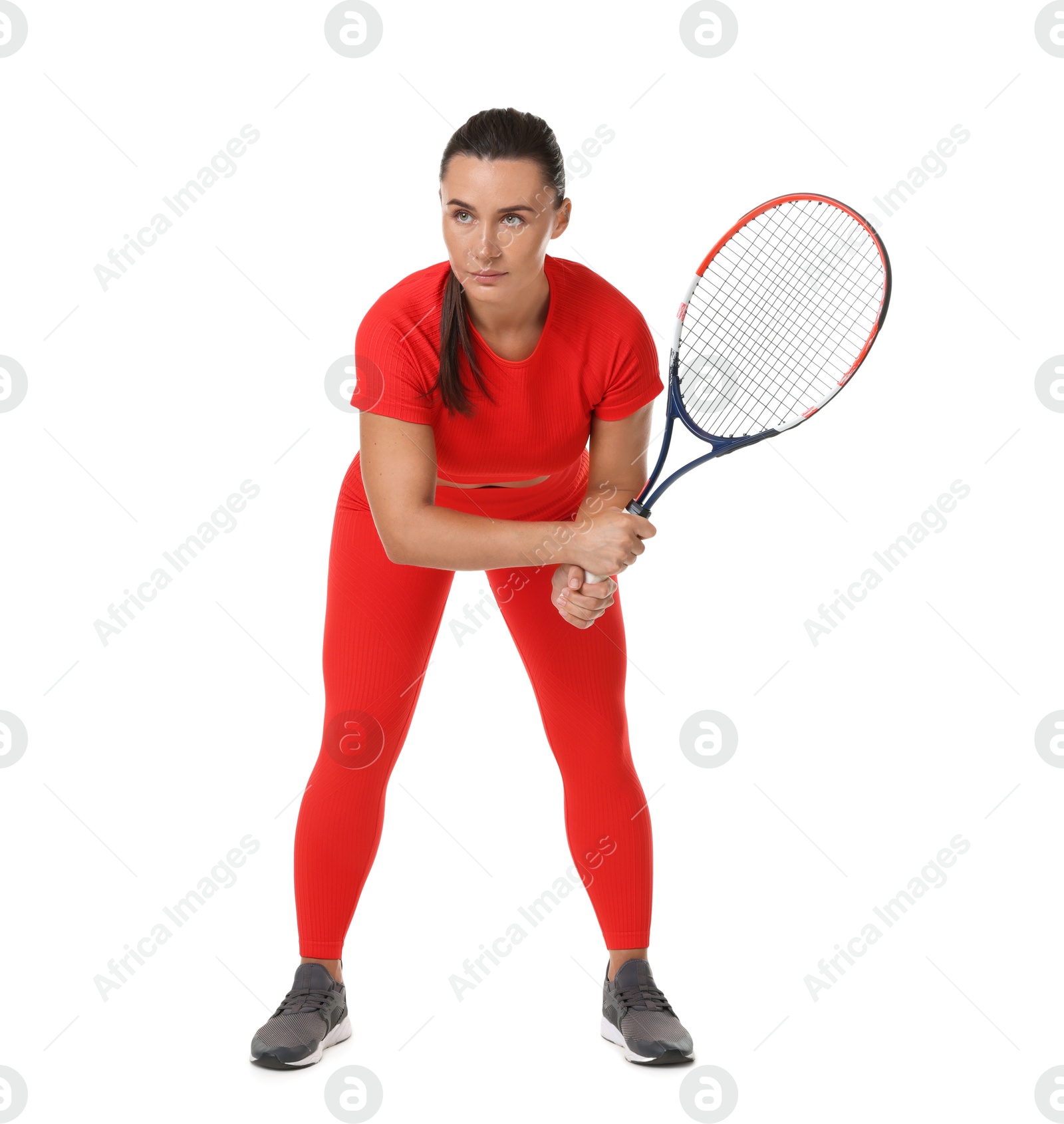 Photo of Woman with tennis racket on white background
