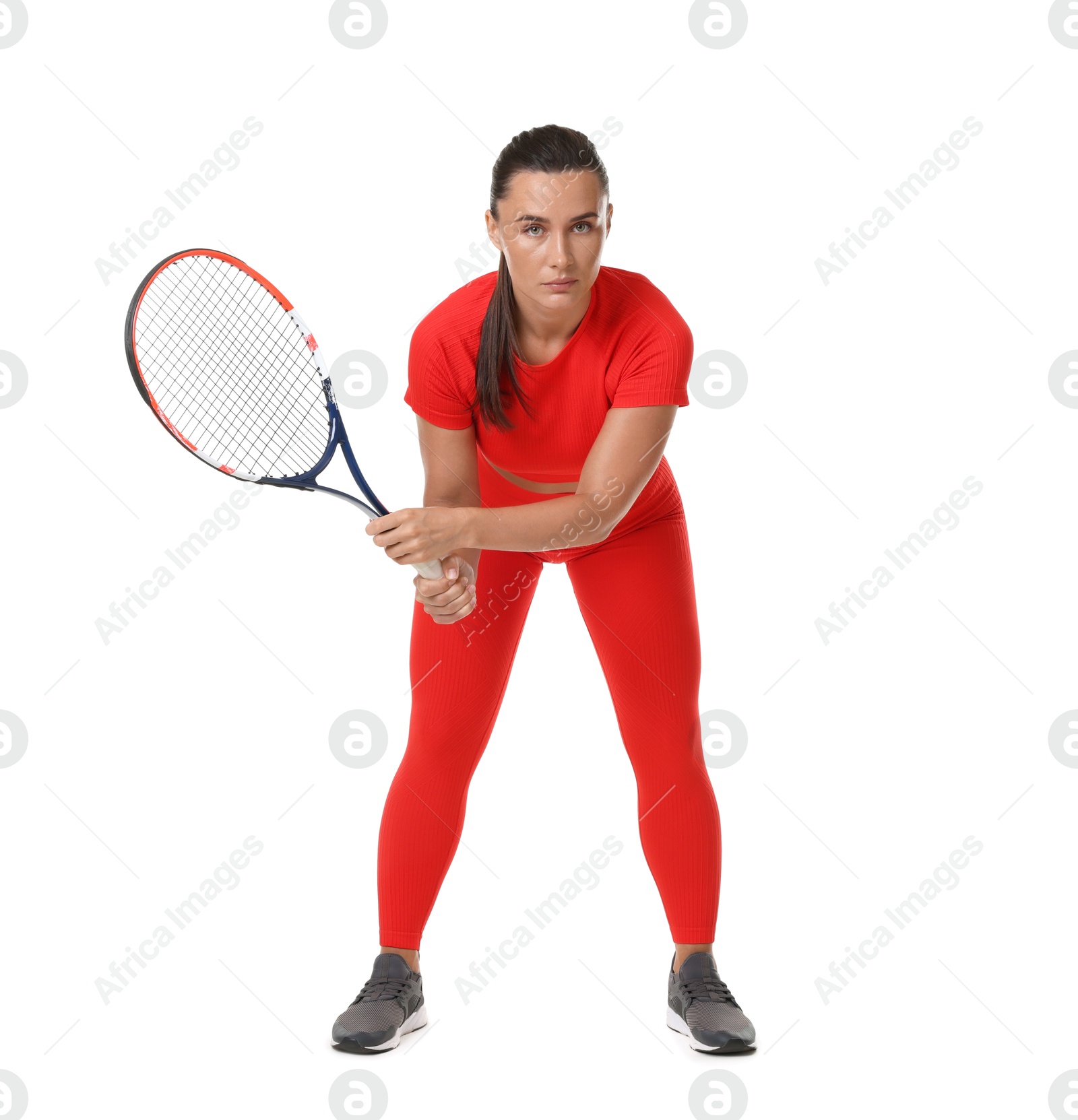 Woman with tennis racket on white background Photo of Woman with tennis racket on white background