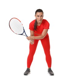 Photo of Woman with tennis racket on white background