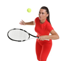 Photo of Woman with racket and tennis ball on white background