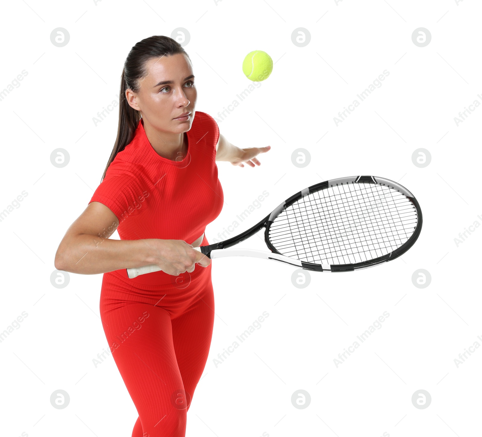 Woman with racket and tennis ball on white background Photo of Woman with racket and tennis ball on white background