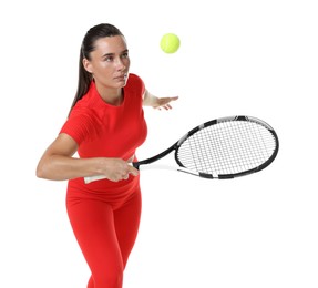 Photo of Woman with racket and tennis ball on white background