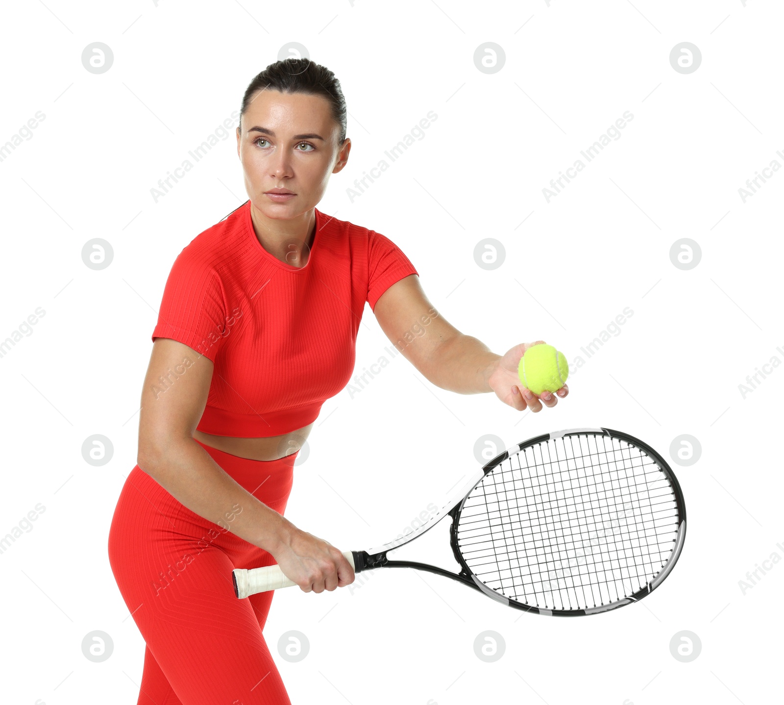 Photo of Woman with racket and tennis ball on white background