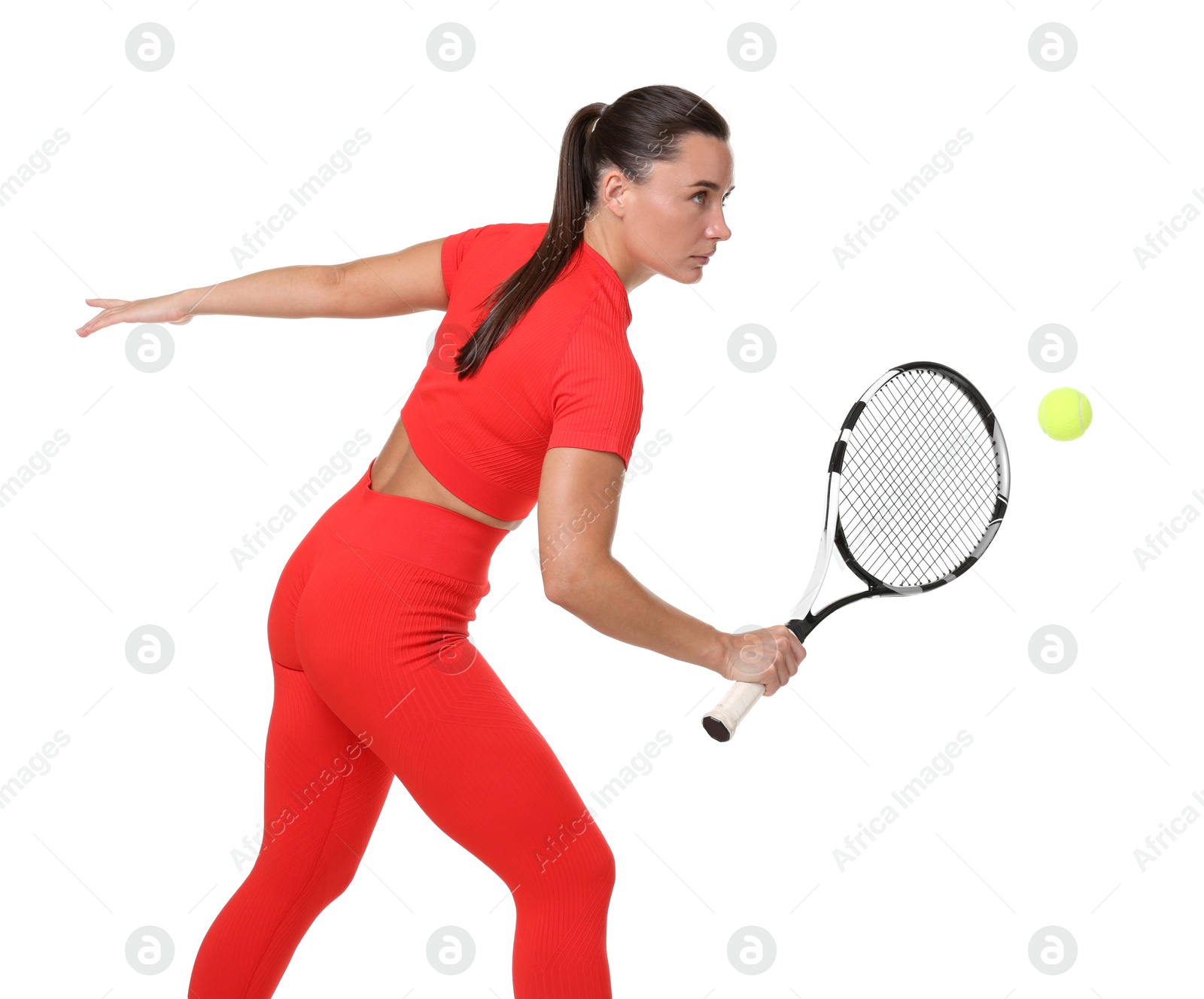 Woman with racket and tennis ball on white background Photo of Woman with racket and tennis ball on white background