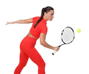 Photo of Woman with racket and tennis ball on white background