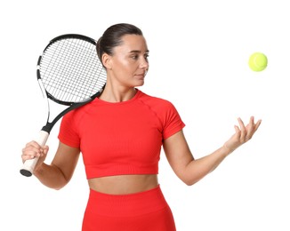 Photo of Woman with racket and tennis ball on white background