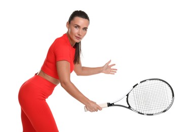 Photo of Woman with tennis racket on white background