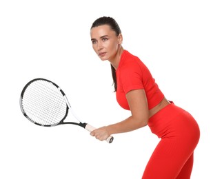 Photo of Woman with tennis racket on white background