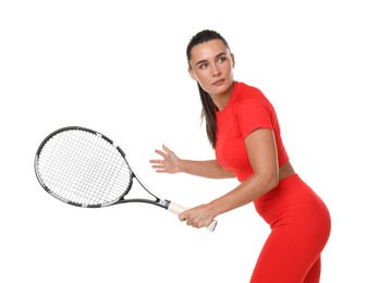 Photo of Woman with tennis racket on white background
