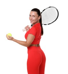 Photo of Woman with racket and tennis ball on white background