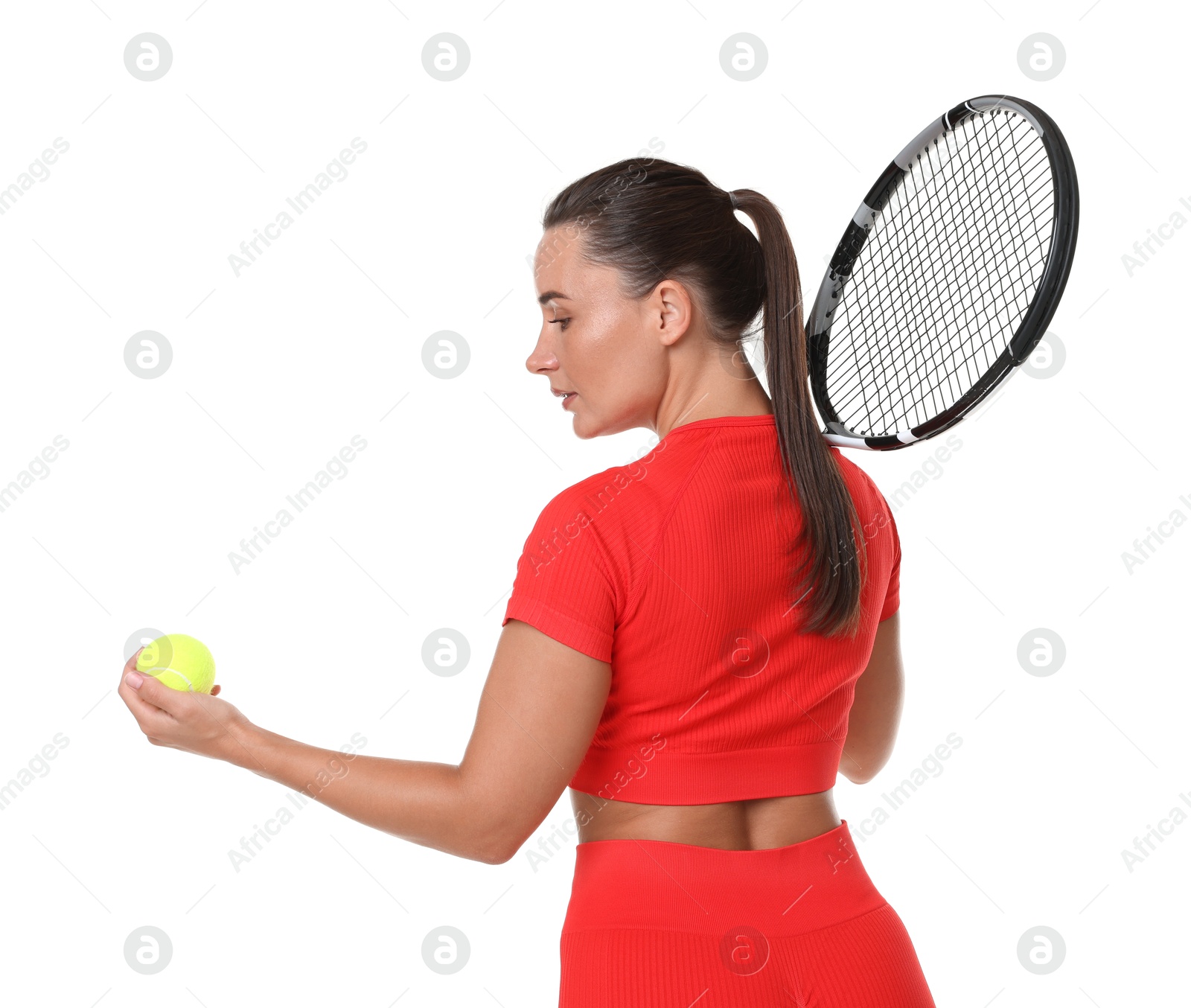 Photo of Woman with racket and tennis ball on white background