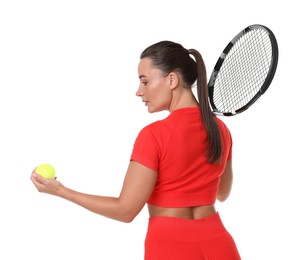 Photo of Woman with racket and tennis ball on white background