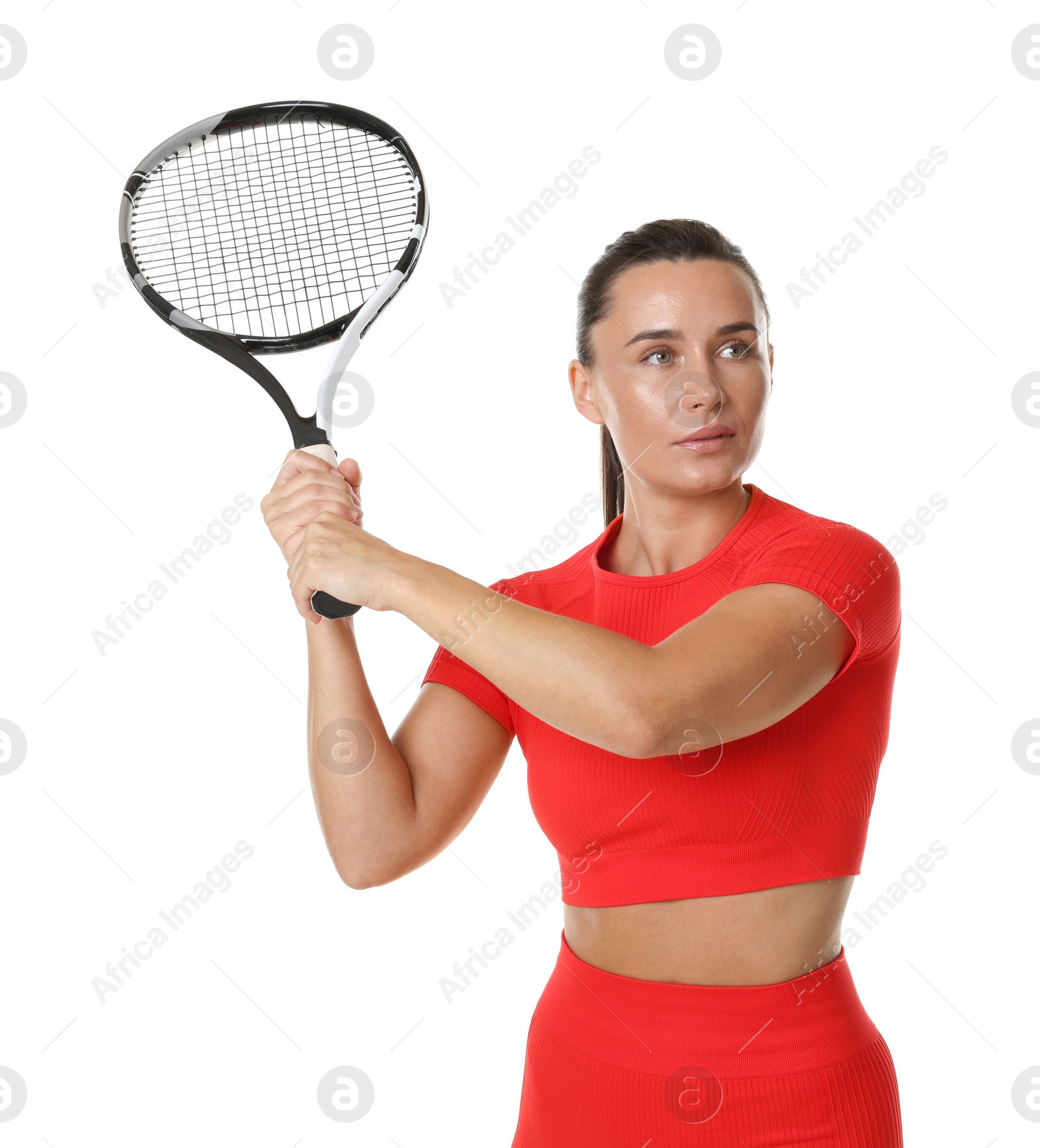 Photo of Woman with tennis racket on white background