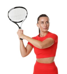 Photo of Woman with tennis racket on white background