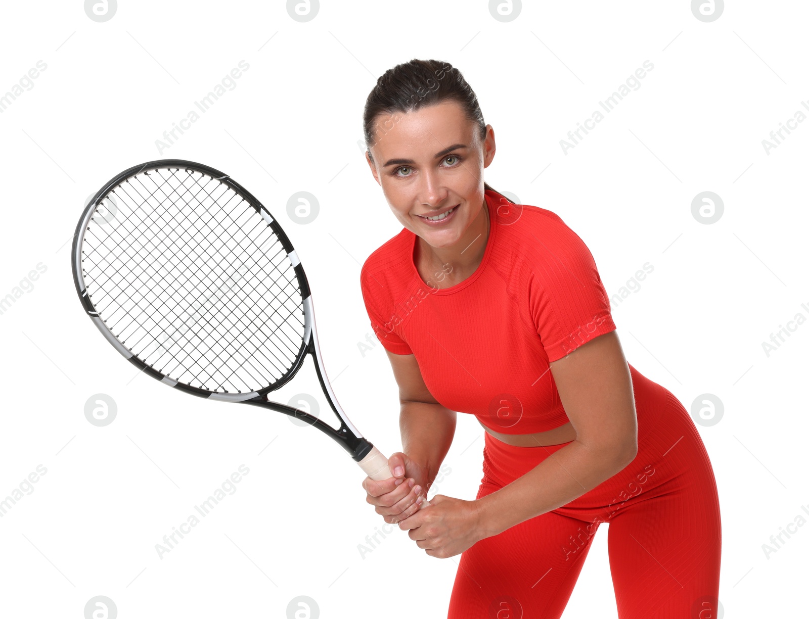 Photo of Woman with tennis racket on white background
